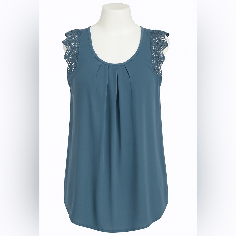 Blue Blouse with Ruffled Trim and Scoop Neck